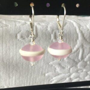 Handmade Pink & White Frosted Lampwork Glass Bead Earrings
